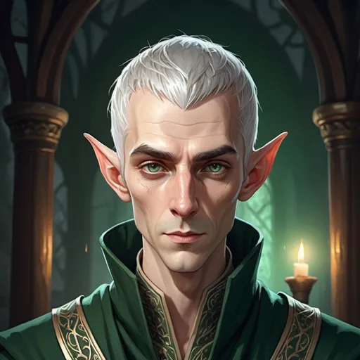 Prompt: Cartoon illustration of a tall, pale high elf with short silver hair, sharp cheekbones, thin mouth, dark green finely tailored robes, fantasy, detailed facial features, professional, highres, vibrant colors, magical lighting