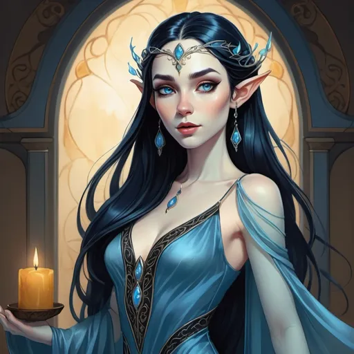 Prompt: Cartoon illustration of a lovely elven woman, pale translucent blue skin, long black hair, tightly fitted gown of blue silk, amber highlights, cartoon style, detailed facial features, elegant design, vibrant colors, whimsical lighting