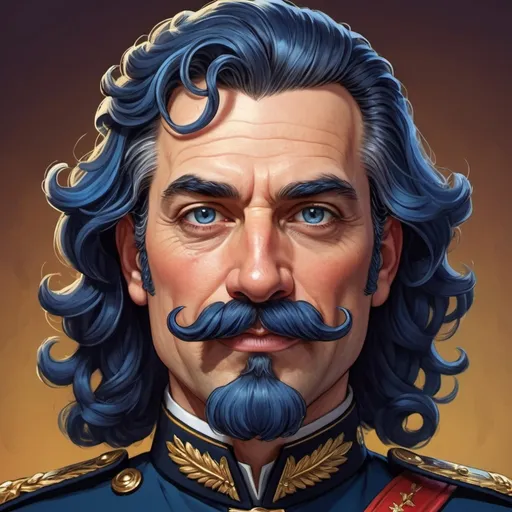 Prompt: Cartoon illustration of a middle-aged human with long, curly hair, deep blue hair color, well-manicured handlebar mustache, formal military attire, full regalia, fantasy style, detailed facial features, vibrant colors, intricate detailing, high quality, fantasy, formal military attire, curly hair, handlebar mustache, vibrant colors, detailed illustration