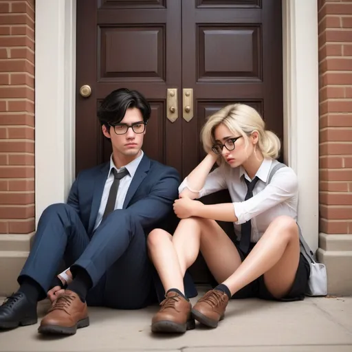 Prompt: A dark haired college student girl with a cute outfit sitting on the ground with her back against a door looking sad, and a blond handsome man on the other side of the door wearing a suit with glasses touching the door with one hand feeling nostalgic.