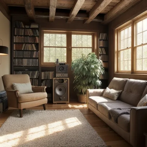 Prompt: a cozy nook in a warm house with music studio