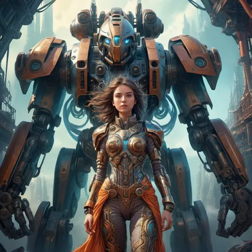 Prompt: Fantasy illustration of a young female pilot emerging from a giant mech, vibrant and detailed, fantasy style, ethereal lighting, intricate metal details, flowing fabric, mystical atmosphere, high quality, detailed fantasy, vibrant colors, giant mech, emerging pilot, ethereal lighting, flowing fabric, intricate details