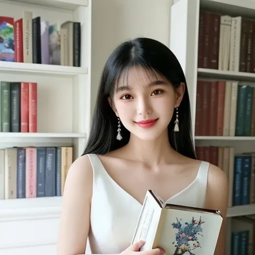 Prompt: A woman in a white dress stands before a bookcase, a book in hand, her smile as warm as the stories nestled on the shelves. She is the embodiment of Ai Xuan's artistry, a private press in a world of manga, a portrait of serenity.