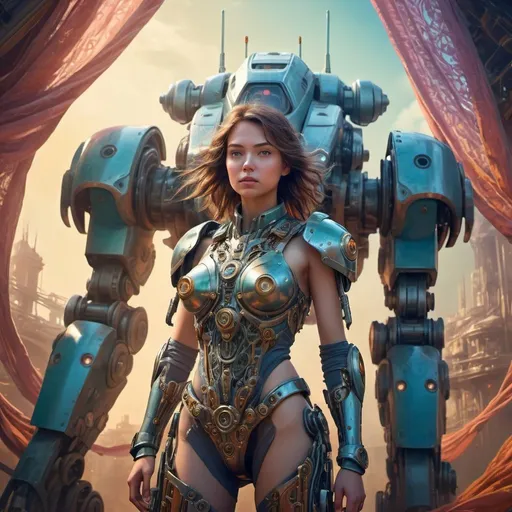 Prompt: Fantasy illustration of a young female pilot emerging from a giant mech, vibrant and detailed, fantasy style, ethereal lighting, intricate metal details, flowing fabric, mystical atmosphere, high quality, detailed fantasy, vibrant colors, giant mech, emerging pilot, ethereal lighting, flowing fabric, intricate details