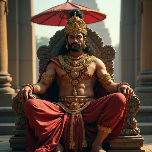 Prompt: “A majestic, hyper-realistic portrait of an ancient South Indian king from the 11th-century Chola dynasty. He wears a towering Krita Makuta crown studded with rubies and emeralds, his hair tied in a topknot beneath it. His face is framed by dark almond eyes, arched brows, and a lush, waxed mustache. His torso is adorned with multiple layers of gold necklaces and a gemstone-studded katisutra belt, while his wrists and ankles bear intricate filigreed bangles and silambu anklets. He is draped in a deep crimson silk dhoti pleated to mid-calf, with a contrasting gold-edged shawl over one shoulder. Seated regally on a granite throne carved with lion motifs, he holds a jeweled scepter and is shaded by a ceremonial parasol, with the Brihadeesvara Temple façade softly lit in the background. Render in cinematic lighting with rich textures and warm golden tones.”

