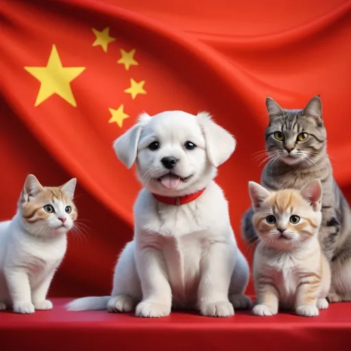 Prompt: pets, (China flag), vibrant colors, 4K quality, cheerful ambiance, playful atmosphere, an inviting background with soft textures, a designated space for an (accurately spelled text "caption"), warm lighting that enhances the colors of the pets and the flag, heartwarming scene capturing the love for pets in a culturally rich setting.