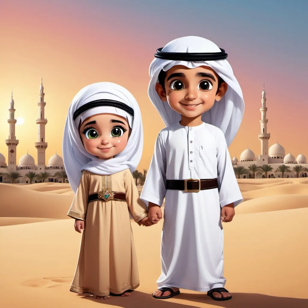 Prompt: a cute Dubai arab boy and girl dressed in national dress, cartoonic, digital art, so cute that all gender when see will like it 