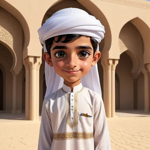 Prompt: a cute Dubai arab late teenage boy dressed in national dress, cartoonic, digital art, so cute that all gender when see will like it