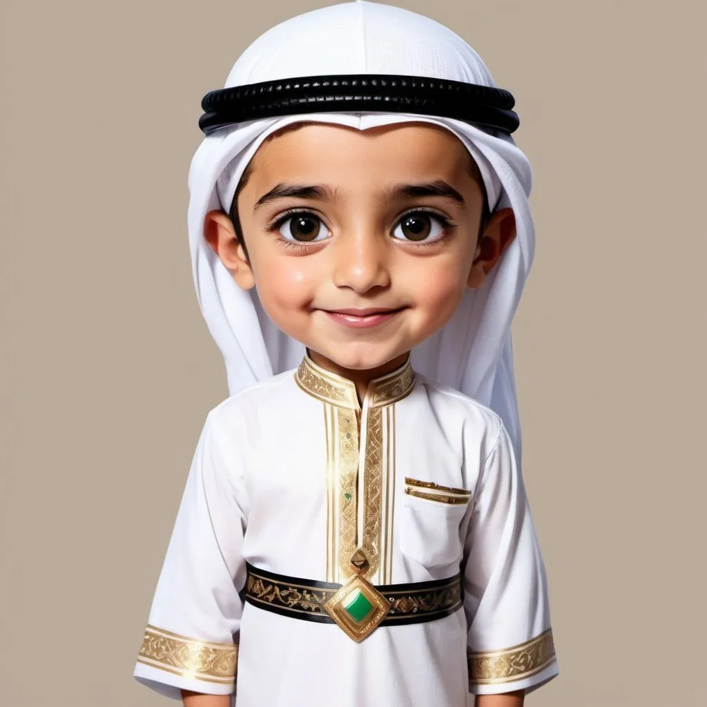 a cute Dubai arab boy dressed in national dress, car...