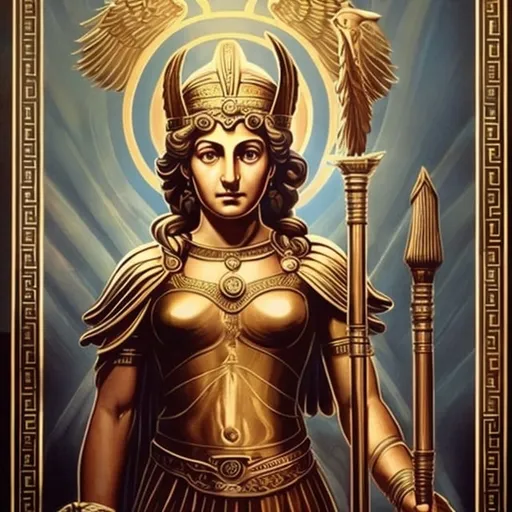Prompt: Minerva is the Roman, Greek (Athena), Iranian (Mithra) goddess of wisdom, justice, law, victory, and the sponsor of arts, trade, and strategy.
