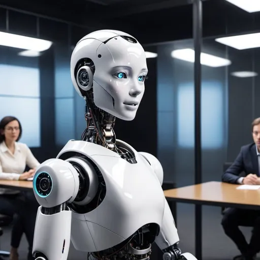 Prompt: AI robot and 100 humans are debating who is the smartest