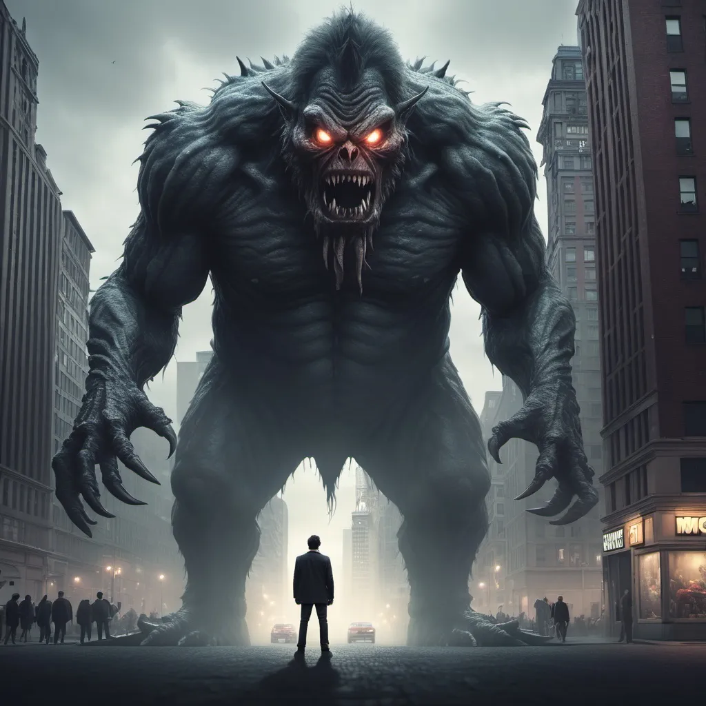 Prompt: man standing still in a city watching a monster about to eat him