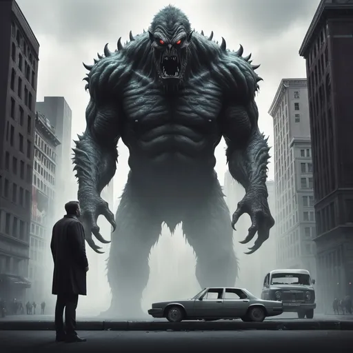 Prompt: man standing still in a city watching a monster about to eat him