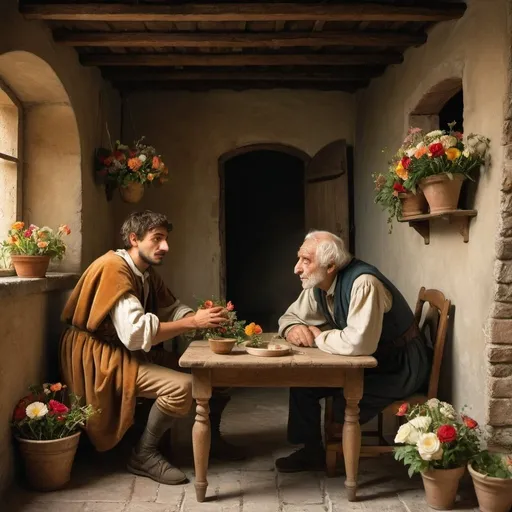 Prompt: young, poor Italian man talking to old blind man in a cottage with a flower arrangement on table in renaissance italy
