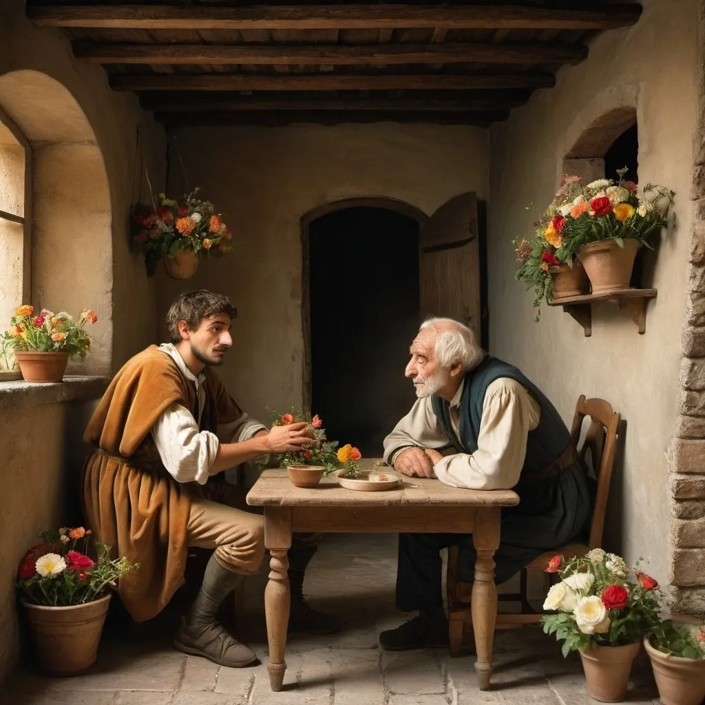 Prompt: young, poor Italian man talking to old blind man in a cottage with a flower arrangement on table in renaissance italy
