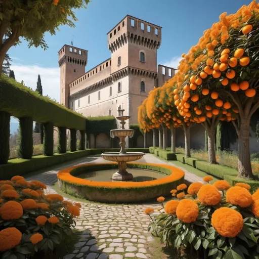 Prompt: Italian renaissance garden and castle with orange trees and flowers