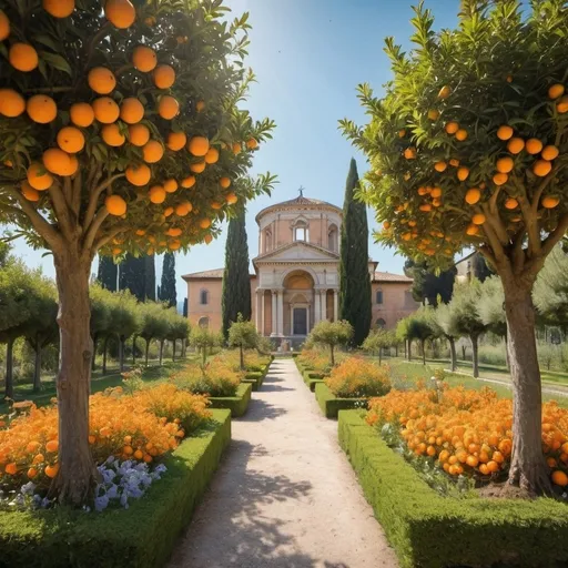 Prompt: large renaissance Italy garden with orange trees, flowers, and bees.