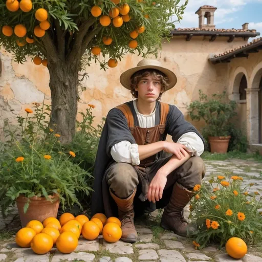 Prompt: young gardener in renaissance Italy looking discouraged next to daisies with weeds and rotten oranges under an orange tree