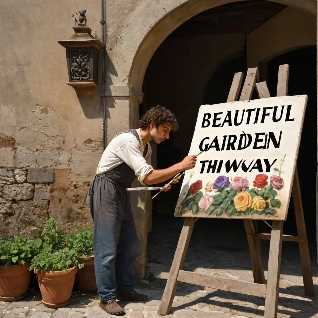 Prompt: young poor Italian man painting a sign that says "beautiful garden this way" in renaissance Italy