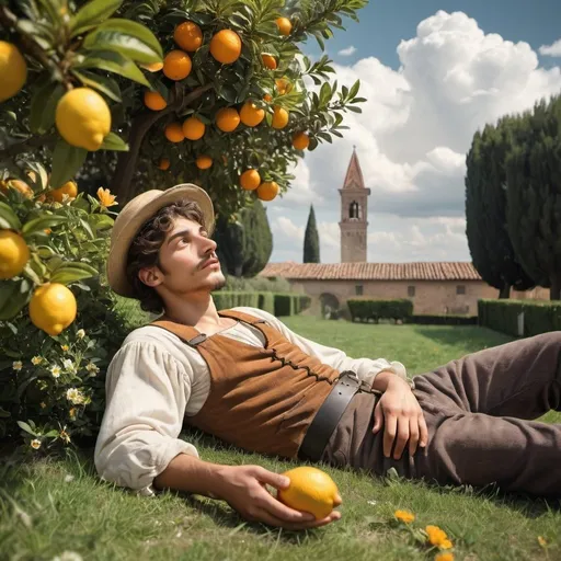 Prompt: young Italian gardener  in renaissance Italy laying on the grass with flowers and orange and lemon trees and looking at the clouds in the sky with a look of awe on his face