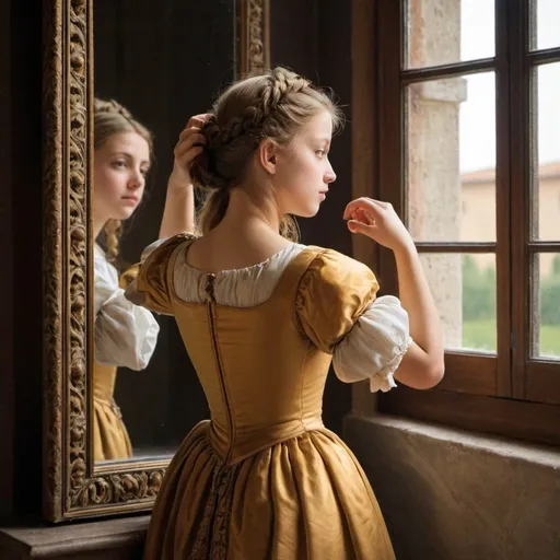 Prompt:  a young princess in renaissance Italy arranging her hair and looking in a mirror by a window
