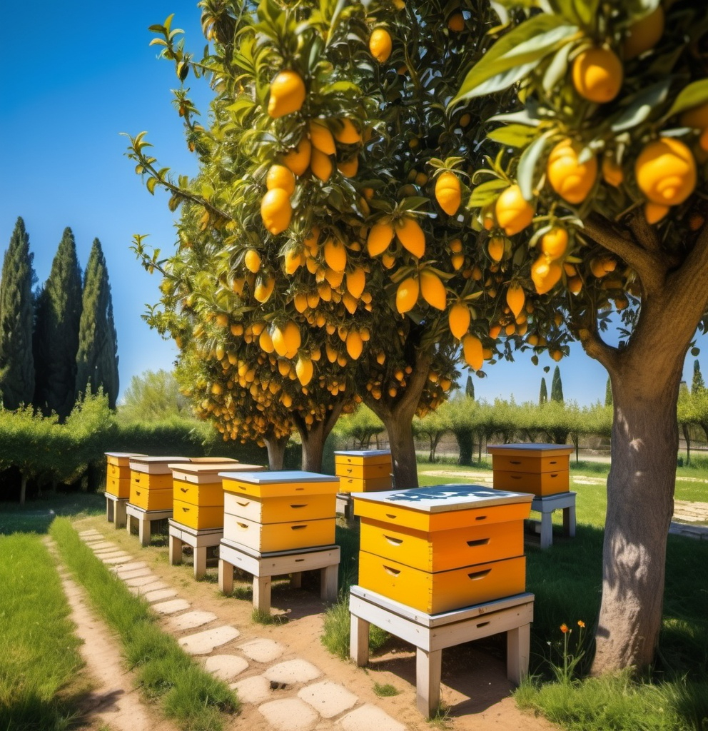 Prompt: beehives in renaissance Italy garden with orange and lemon trees, flowers, and blue sky
