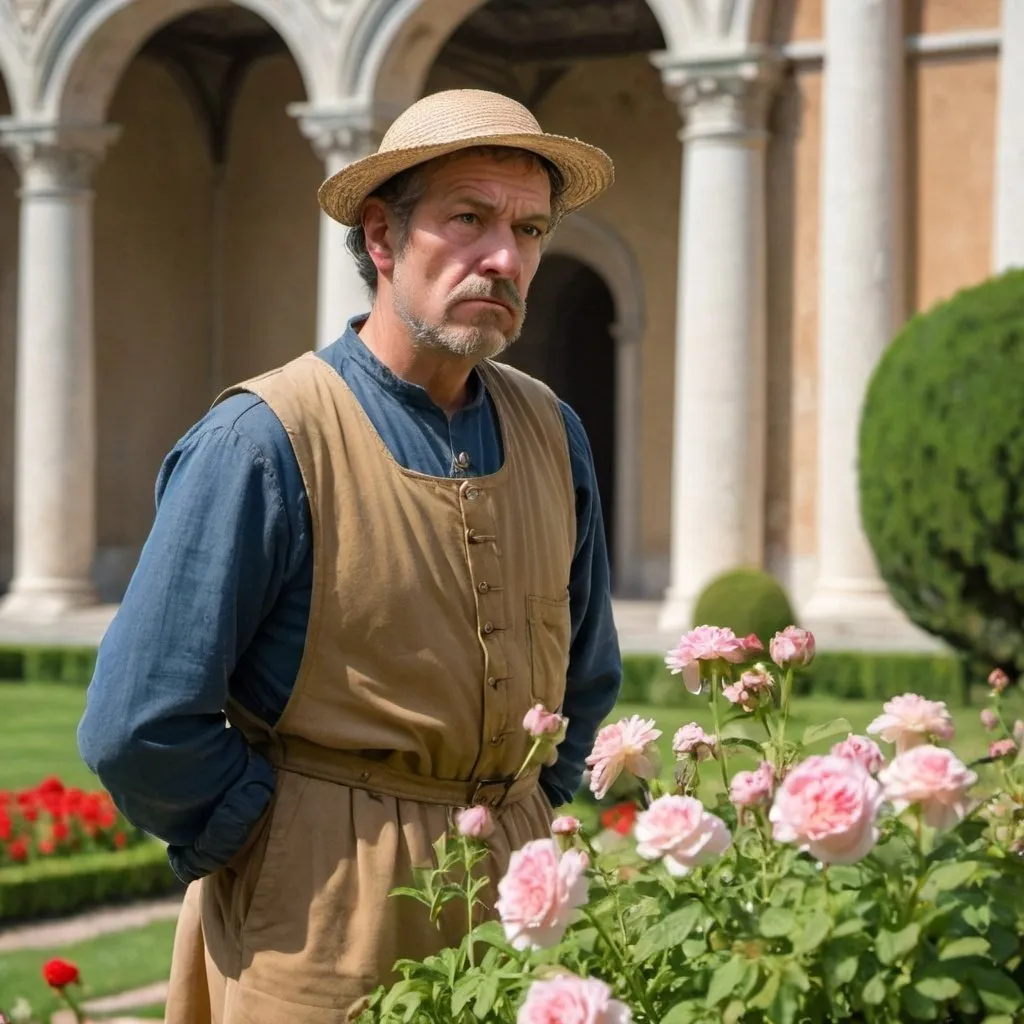 Prompt: gardener with a scowl on his face in a palace garden in renaissance Italy looking at flowers
