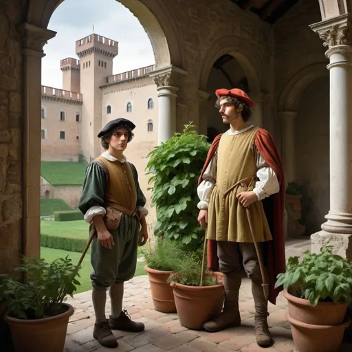 Prompt: young, poor Italian gardener and a scowling king inside a castle in renaissance Italy