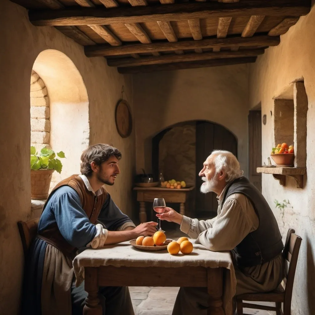 Prompt: young poor Italian man talking to an old blind man in renaissance Italy inside a humble cottage with a table with wine and fruit