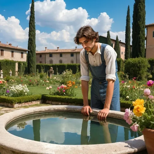 Prompt: young, poor Italian gardener looking into a pool of water in a garden with flowers and blue sky and clouds in renaissance Italy