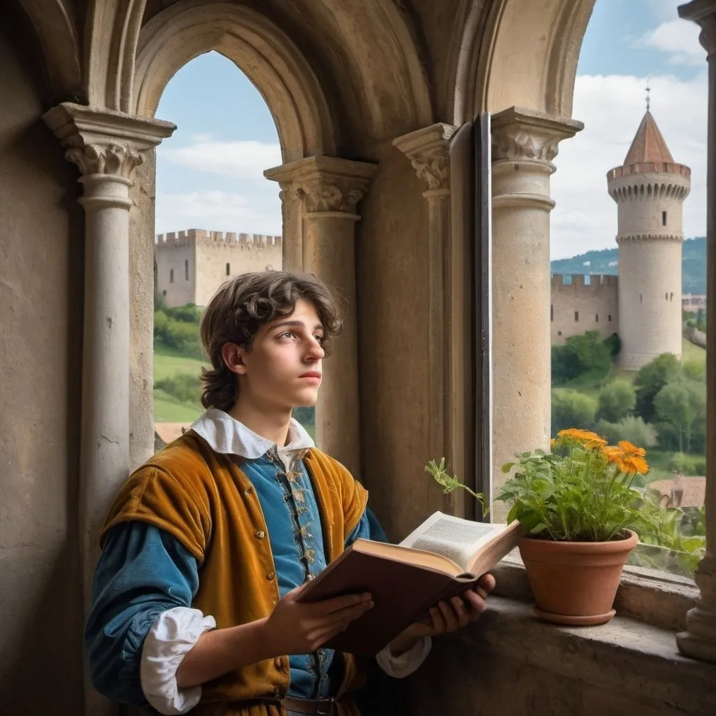 Prompt: young, poor Italian gardener in renaissance Italy looking up into a castle window. Inside he sees  a young prince who is reading a book and frowning 
