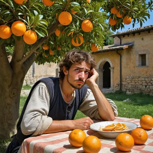 Prompt: young, poor Italian gardener looking discouraged while eating lunch under an orange tree in a garden in renaissance Italy
