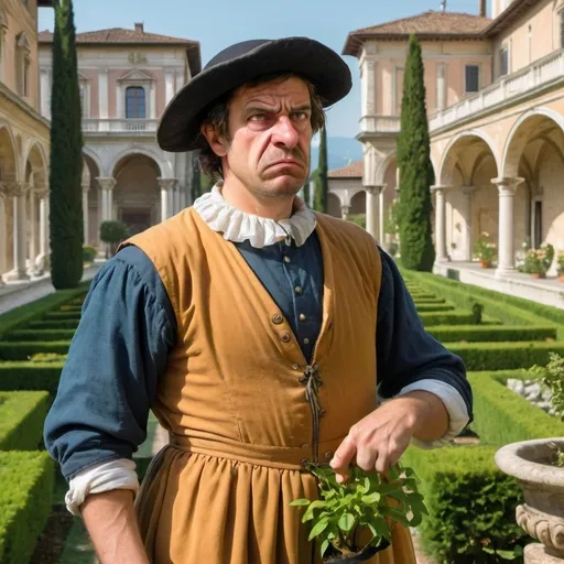 Prompt: gardener with angry and disgusted and haughty face at a palace garden in renaissance Italy 
