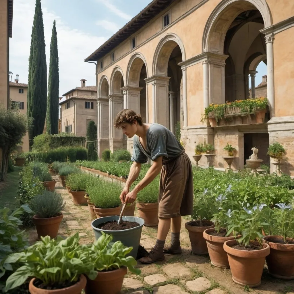 Prompt: a young poor man gardening in a rich person's garden in renaissance Italy

