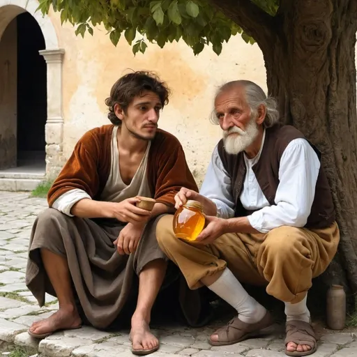 Prompt: young, poor Italian man sitting outside under a tree with an old blind man in renaissance Italy who is holding a clay jar of honey
