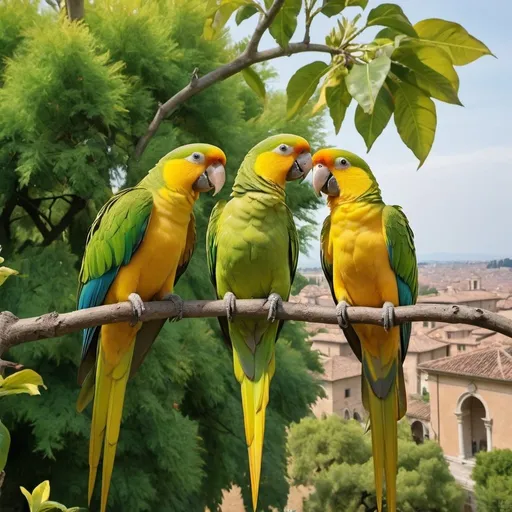 Prompt: green and yellow parrots in a tree in a garden in renaissance Italy