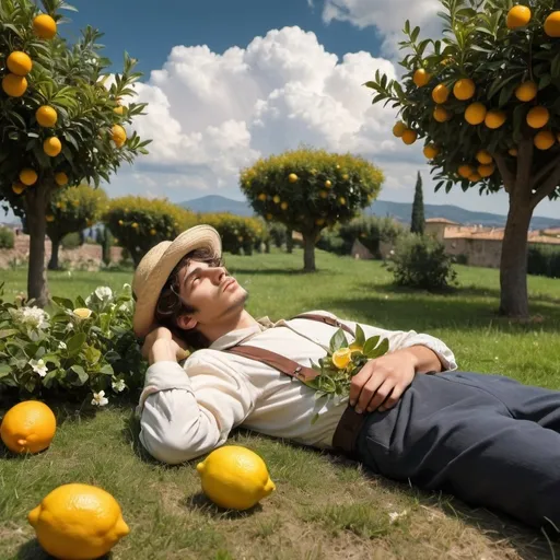 Prompt: young Italian gardener  in renaissance Italy laying on the grass with flowers and orange and lemon trees and looking at the clouds in the sky