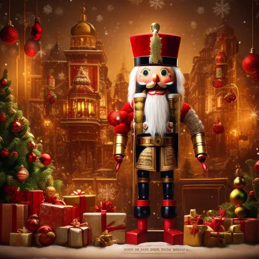 Prompt: Christmas nutcracker surrounded by festive decorations, rich and warm color palette, traditional wooden texture, high-quality rendering, detailed festive atmosphere, vintage, classic, cozy lighting, intricate details, 8k resolution, holiday vibes, decorative ornaments, antique aesthetic, nostalgic, warm lighting