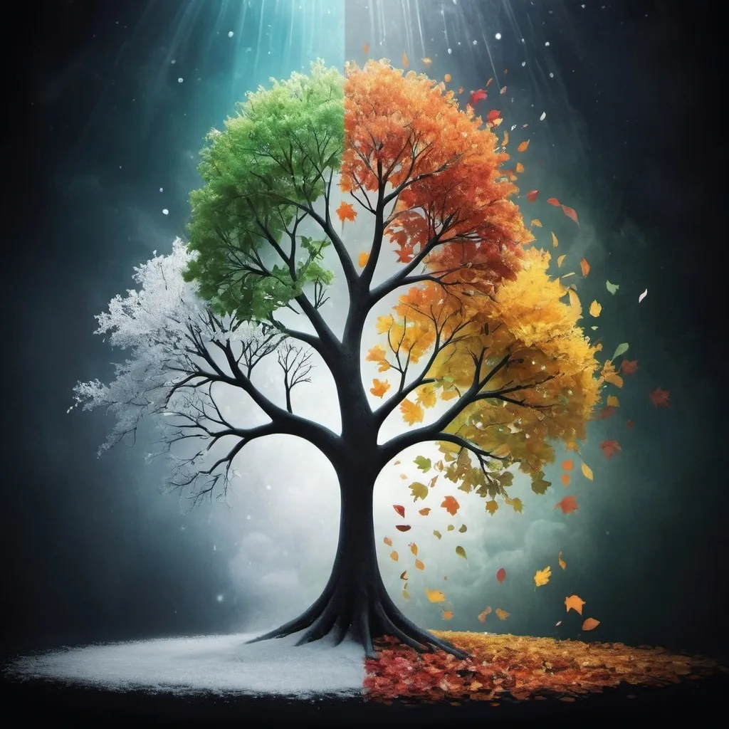 Prompt: visual for a magic show, the theme is "the four seasons" but not too simple, need to see the magic world, not a tree, but elements of the 4 seasons 