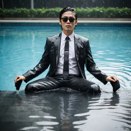 Prompt: (a businessman layed in a pool ),(a handsome Asian men),(Wearing black gentlemen's socks),(Wearing white shirts),(Wearing black suit pant),(Wearing leather shoes), (wear sunglasses) full body. The scene includes the intense visual impact of the rain, soaking his attire and hair, unfolds against the reflective, wet surface of the pool.