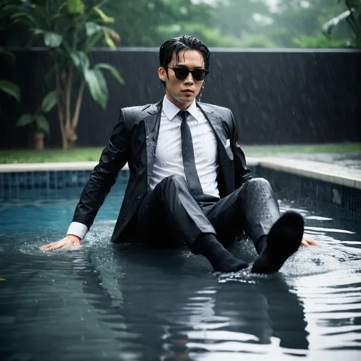 Prompt: (a businessman layed in a pool ),(a handsome Asian men),(Wearing black gentlemen's socks),(Wearing white shirts),(Wearing black suit pant),(Wearing leather shoes), (wear sunglasses) full body. The scene includes the intense visual impact of the rain, soaking his attire and hair, unfolds against the reflective, wet surface of the pool.