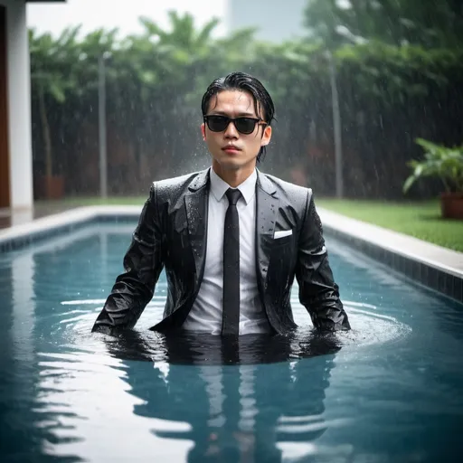 Prompt: (a businessman layed in a pool ),(a handsome Asian men),(Wearing black gentlemen's socks),(Wearing white shirts),(Wearing black suit pant),(Wearing leather shoes), (wear sunglasses) full body. The scene includes the intense visual impact of the rain, soaking his attire and hair, unfolds against the reflective, wet surface of the pool.