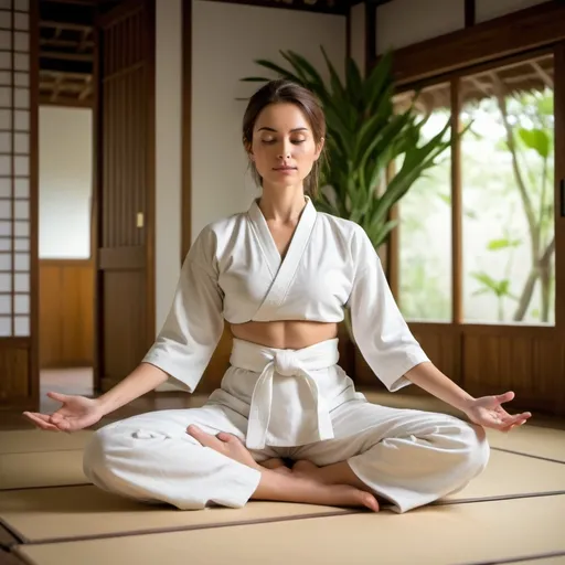 Prompt: persona metidanto en un dojo muy inpirador natural inspirando paz , la modela es una mujer, esta de blanco.
