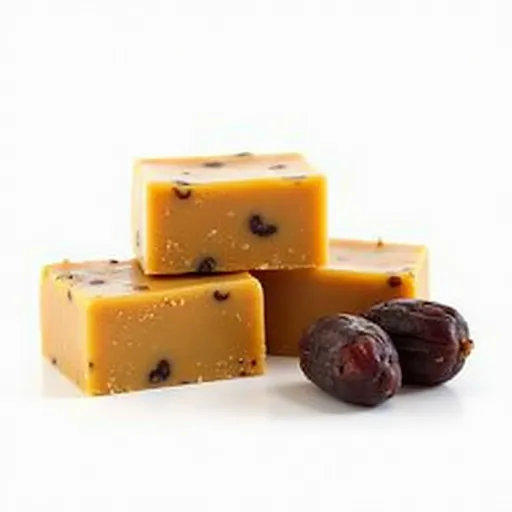 Prompt: A trio of smooth, rectangular blocks of golden-brown confectionery sits prominently against a bright white background, their glossy surfaces reflecting light. The fudge-like texture showcases small flecks of darker ingredients embedded throughout, hinting at rich flavors. Accompanying the blocks is a cluster of dark, wrinkled dates that adds a rustic element to the presentation. The arrangement is simple yet inviting, evoking a sense of indulgence and sweetness, perfect for dessert lovers. This composition highlights both the treat's visual appeal and the natural elements of its ingredients.
