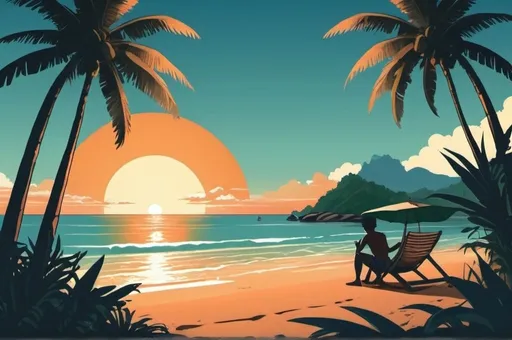 Prompt: beach side, orange sun, blue green color palette, borneo, sun set, vector art, add a boat, add some seashells, add a palm tree, a student sketching the scene up-close