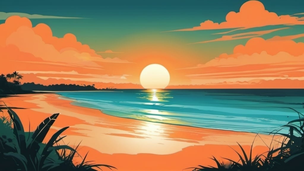 Prompt: beach side, orange sun, blue green color palette, borneo, sun set, vector art