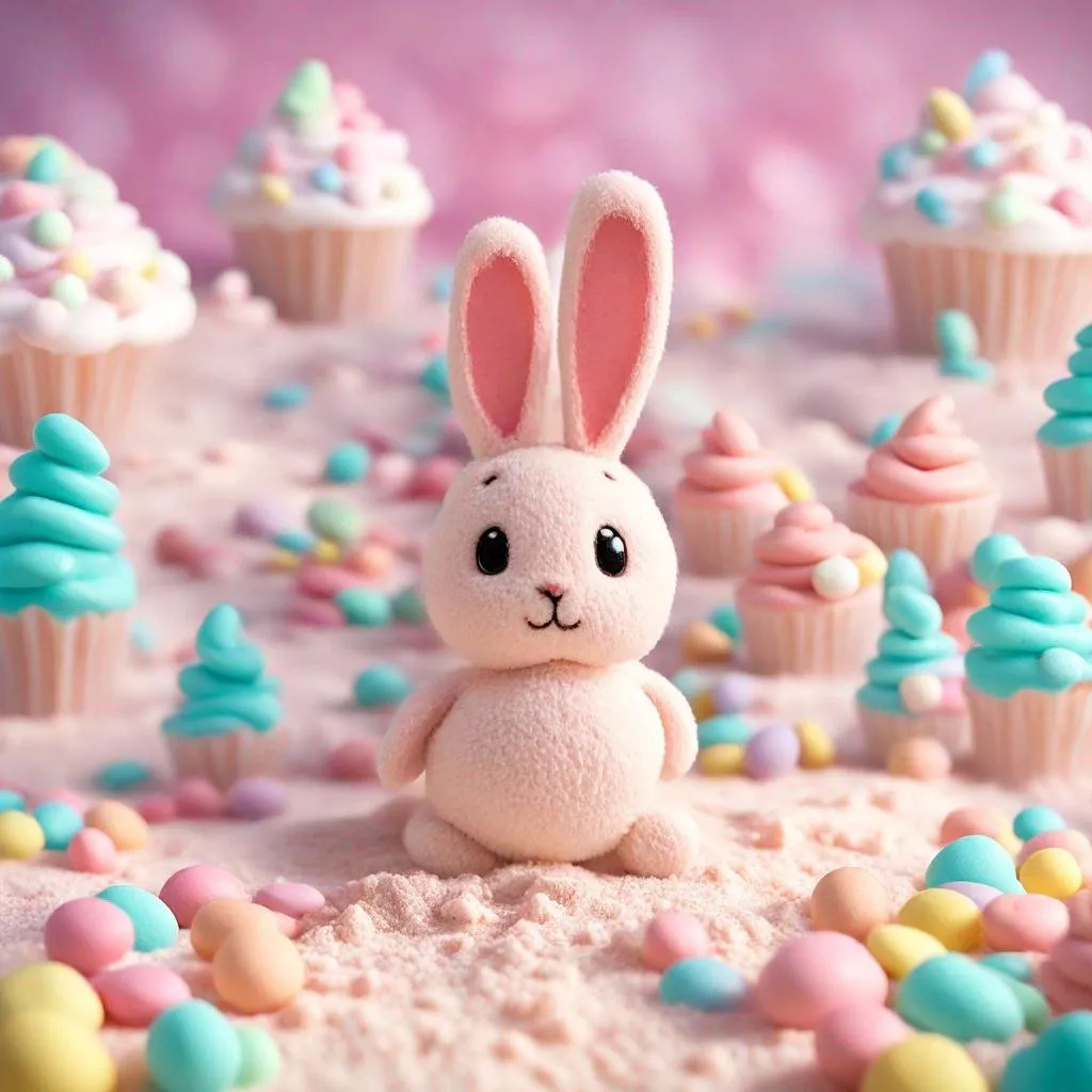 Prompt: Generate comic styled image. Background is a candyland. There is a candy house which is A cute light sand colored stuffed bunny’s house. Bunny’s ears are drooping down. Bunny is fluffy. Candy land is mostly pastel color.