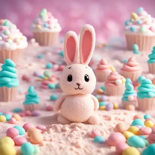 Prompt: Generate comic styled image. Background is a candyland. There is a candy house which is A cute light sand colored stuffed bunny’s house. Bunny’s ears are drooping down. Bunny is fluffy. Candy land is mostly pastel color.