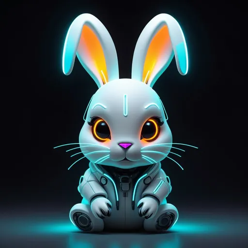 Prompt: A futuristic CUTE and very adorable, neon-lit bilateral cartoon white bunny designed to fit the cyberpunk aesthetic. a  bilateral cartoon bunny character with neon-colored accents (perhaps a glowing outline and circuits embedded into the fur), along with some subtle animations like glowing eyes or a movement effect.