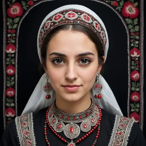 Prompt: A young Armenian woman, dressed in traditional attire taraz with intricate embroidery, poses for a portrait. Her face is serene, framed by soft braids with subtle floral accents woven in. A beautiful, detailed silver headpiece made of antique Armenian silver coins rests on her forehead, showcasing traditional Armenian motifs and craftsmanship. Delicate silver earrings and a necklace complement her attire, while the soft light on black background behind her headscarf emphasizes her head and hair, capturing a moment of cultural pride and beauty.
    Add a few pomegranates as traditional design for t-shirt printing.